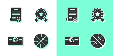 Sticker - Set Basketball ball, Declaration of independence, Stacks paper money cash and Medal with star icon. Vector