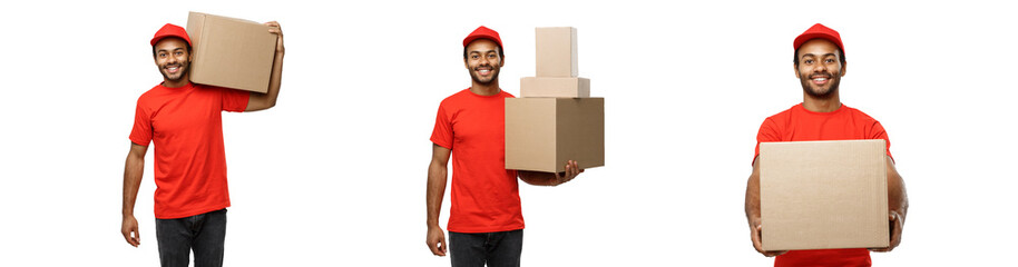 Wall Mural - Delivery Concept - Set of Portrait of Happy African American delivery man in red cloth holding a box package. Isolated on white studio Background. Copy Space