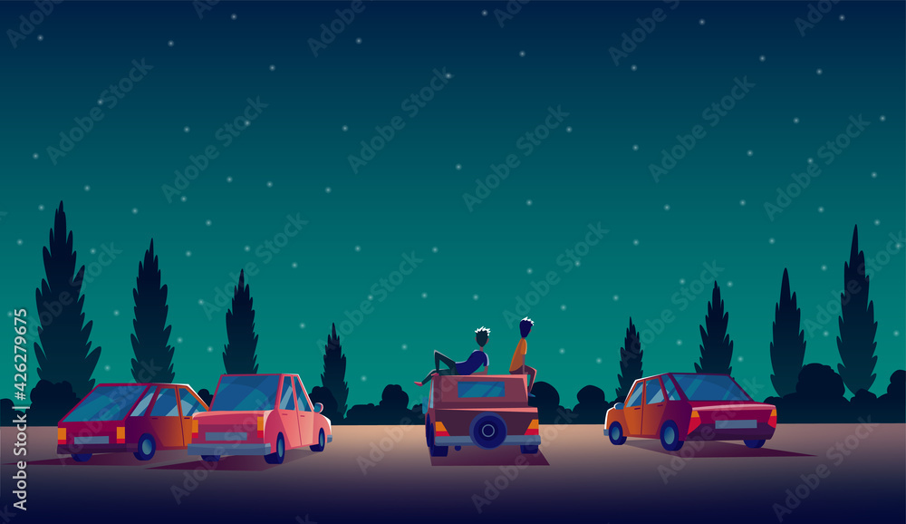 Car street cinema. Drive-in theater with automobiles stand in open air parking at night. Cinema night vector banner in cartoon style. Audience on open air parking in darkness - obrazy, fototapety, plakaty 