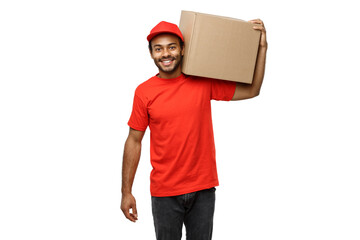 Poster - Delivery Concept - Portrait of Happy African American delivery man in red cloth holding a box package. Isolated on white studio Background. Copy Space