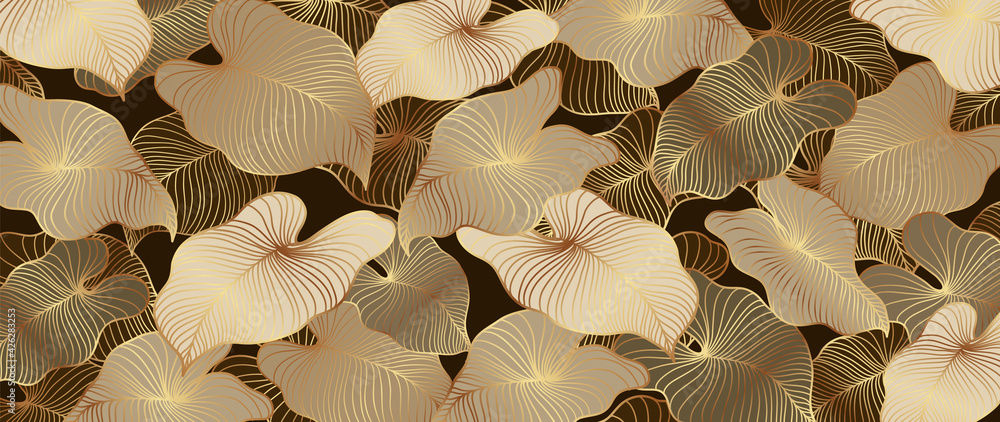 Luxury gold and nature brown background vector. Floral pattern, Golden split-leaf Philodendron plant with monstera plant line arts. - obrazy, fototapety, plakaty 