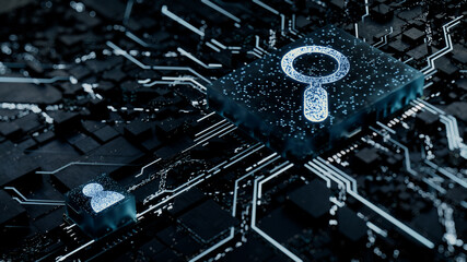 Search Technology Concept with Magnifier symbol on a Microchip. White Neon Data flows between the CPU and the User across a Futuristic Motherboard. 3D render.