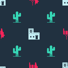 Sticker - Set Pinata, Mexican house and Cactus on seamless pattern. Vector