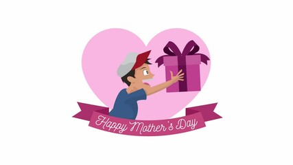 Sticker - happy mothers day lettering with son giving gift in heart