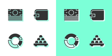 Sticker - Set Gold bars, Stacks paper money cash, Pie chart infographic and Wallet icon. Vector