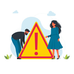 Tiny people standing near caution sign. Attention. System error concept. People stand near sign of an error. Modern flat cartoon vector illustration. Vector illustration