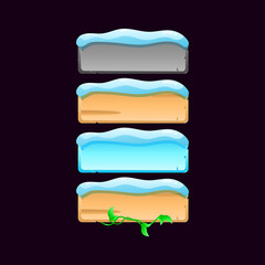 Wall Mural - set of winter game ui board button icon. stone, wooden, leaf, snow texture for gui asset elements ve