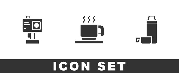 Poster - Set Action camera, Hot chocolate cup and Thermos container icon. Vector