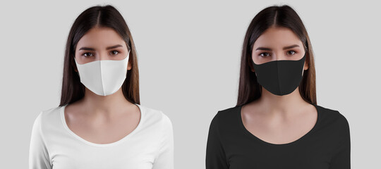 Sticker - Mockup of white and black face masks on the girl. Set