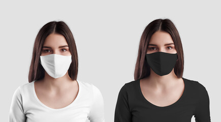 Sticker - Mockup of white and black face masks on the girl. Set