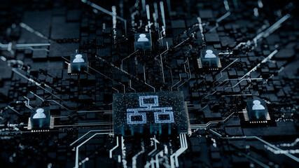 Network Technology Concept with ethernet symbol on a Microchip. White Neon Data flows between Users and the CPU across a Futuristic Motherboard. 3D render.