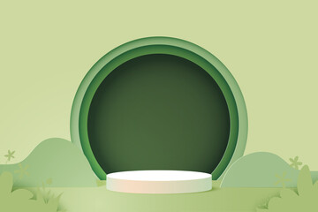 Fototapete - 3d Paper cut abstract minimal geometric shape template background.White cylinder podium on green nature background.