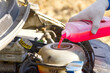 Pouring coolant, Service of cars. Pouring antifreeze. Mechanic fills the coolant G12 to tank in the engine. Automobile maintenance, coolant exchange in old car