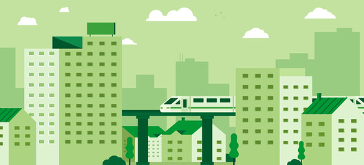 Wall Mural - Subway over city skyscraper view cityscape background skyline flat banner vector illustration, green city theme