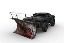 3D Rendering Of A Post Apocalyptic Car With Zombie Plow Isolated On A White Background.