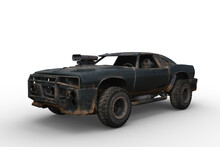 3D Rendering Of A Post Apocalyptic Car Isolated On A White Background.