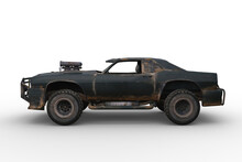 3D Rendering Of A Post Apocalyptic Vehicle Isolated On A White Background.