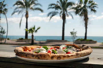 Oven baked pizza with buffalo mozzarella, parmigiano-reggiano cheese, basil and anchovies on a plate. Tropical destination background with ocean view and palms. Close up, copy space, natural light.