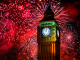 Fototapeta Big Ben - Representation of Big Ben, London's most famous clock tower, with red fireworks display in the backround. 3D rendered illustration