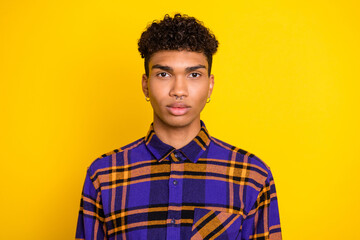 Sticker - Photo portrait of handsome guy wearing checkered shirt isolated on bright yellow color background