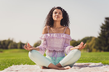 Poster - Full size photo of optimistic brunette lady sit on grass rest wear lilac top green pants outside walk in park