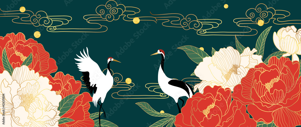 Luxury gold oriental style background vector. Japanese , Chinese oriental line art with red flower and golden texture, Swan bird and sun. Natural Wall arts for print and home decor. - obrazy, fototapety, plakaty 