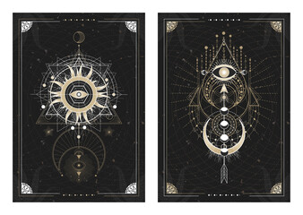 Wall Mural - Vector dark illustrations with sacred geometry symbols, grunge textures and frames. Images in black, white and gold.