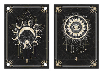 Wall Mural - Vector dark illustrations with sacred geometry symbols, grunge textures and frames. Images in black, white and gold.