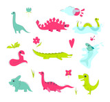 Fototapeta Dinusie - Hand drawn dinosaurs, tropical leaves and flowers. Cute dino design elements. Vector illustration.