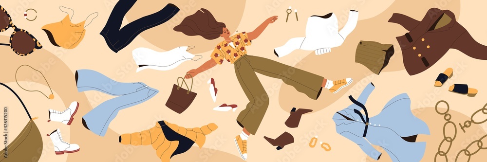 Woman shopaholic flying among clothes. Fast fashion, consumerism and overconsumption concept. Young lady with apparel, garment, purchases around. Colored flat vector illustration of wide banner - obrazy, fototapety, plakaty 