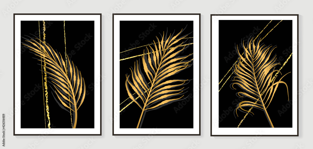 Luxury gold leaves wallpaper. Black and golden background. Wall art design with shiny golden palm leaves. Modern art mural wallpaper. Vector illustration. - obrazy, fototapety, plakaty 