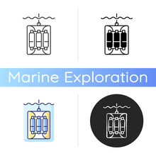 Water Sampler Icon. Water Sampling Devices. Bucket Dropped Over Side Of Boat. Large Water Bottles Sent Into Ocean On Wire. Linear Black And RGB Color Styles. Isolated Vector Illustrations