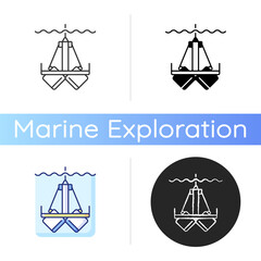 Sticker - Sediment sampling icon. Clam shell type scoop setup. Extract samples up to 20 centimeters deep within sampling area. Linear black and RGB color styles. Isolated vector illustrations