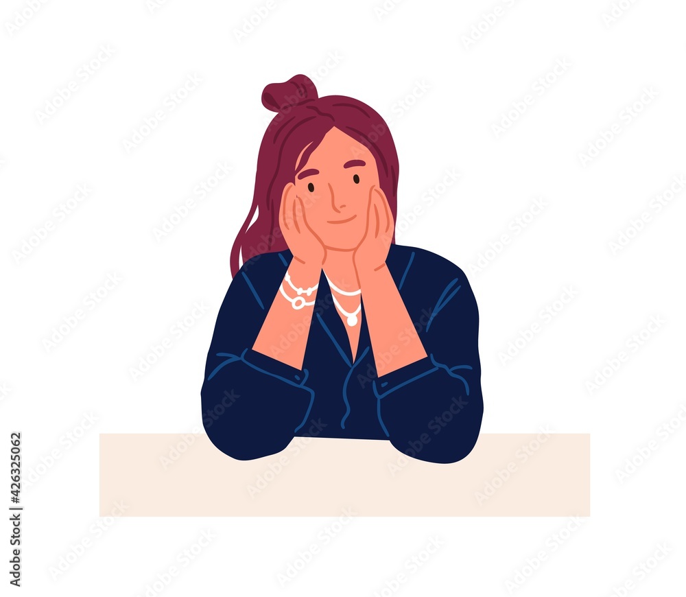 Young smiling curious person peeking from behind wall and looking outside. Portrait of peaceful woman peeping and watching for smth. Flat vector illustration of staring people isolated on white - obrazy, fototapety, plakaty 