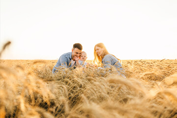 Happy family on a summer walk, mother, father and child walk in the wheat