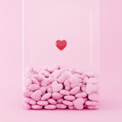 Wall Mural - Red Heart shape Floating on pink color heart shape Overlap in glass box on pink background. Minimal idea concept. 3D Render. Game machine concept.