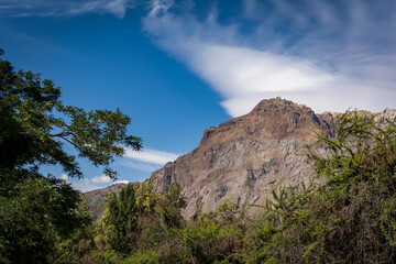 Poster - Low angle shot of greenery-covered hills and mountains in Rio Los Cipreses National Reserve in Chile