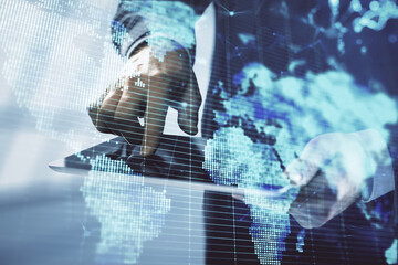 Fototapete - Double exposure of man's hands holding and using a phone and international business theme drawing.