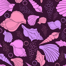 Modern Flat Outline Sea Shells, Bubbles Seamless Pattern For Fabric, Textile, Apparel, Interior, Stationery, Wrapping Paper, Scrapbooking. Trendy Marine Endless Texture. Exotic Ocean Shells Contours