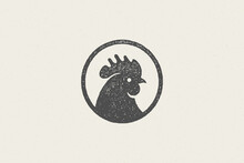 Black Rooster Head Silhouette For Poultry Farm Industry Hand Drawn Stamp Effect Vector Illustration.