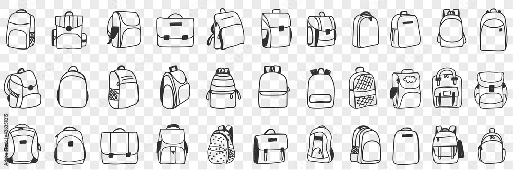 Casual backpacks accessories doodle set. Collection of hand drawn various styles of backpack bags accessories for casual everyday outfit wearing fashion isolated on transparent background - obrazy, fototapety, plakaty 