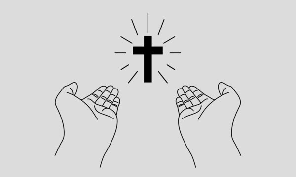 Hands and cross mininal line art doodle style. Faith, spirit, christian, catholic vector design element