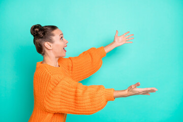 Wall Mural - Side profile photo portrait girl with opened hands missing friends meeting isolated bright teal color background