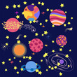 © MichiruKayo - Space cartoon icons set. Planets, rockets, ufo elements on cosmic background.