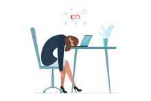 Businesswoman Professional Burnout Syndrome. Exhausted Sick Tired Female Manager Sit With Head Down On Laptop. Sad Boring Woman. Frustrated Worker Mental Health Problems. Long Work Illustration