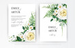 Elegant editable vector watercolor floral wedding invite card template design. Yellow roses, white camellia flowers, greenery fern leaves, green eucalyptus bouquet decorative frame border illustration