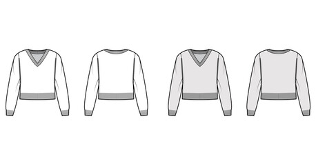 Wall Mural - V-neck cropped Sweater technical fashion illustration with long sleeves, relax fit, waist length, knit rib trim. Flat jumper apparel front, back, white, grey color style. Women, men unisex CAD mockup