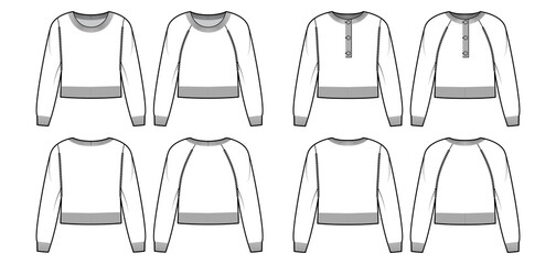 Set of cropped Round henley neck Sweaters technical fashion illustration with long raglan sleeves, waist length, knit rib trim. Flat jumper apparel front, back white color. Women men unisex CAD mockup