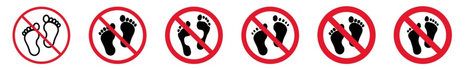 Wall Mural - Prohibition Sign Footprints Forbidden Icon Set | Barefoot Prohibition Signs Prohibited Vector Illustration Logo | Human Foot Print Prohibition Sign Isolated Collection
