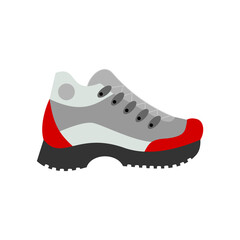 Hiking shoe on white background. Outdoor activities boots. Tourist ankle shoe. Climbing mountain equipment. Winter snow trekking footwear with protective sole. Vector illustration, flat, clip art. 